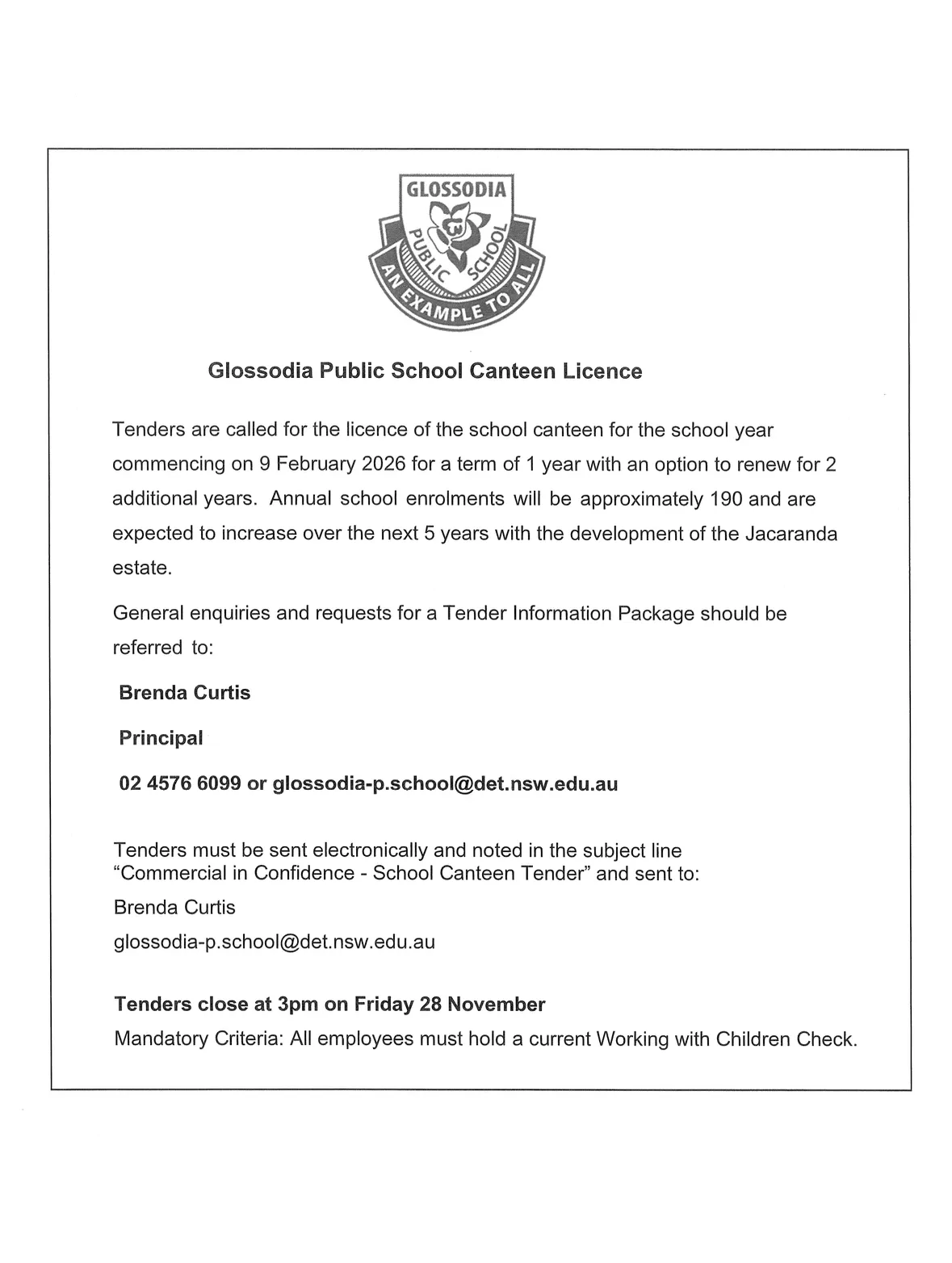 Glossodia Public School Canteen Licence
